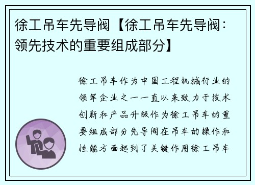 徐工吊车先导阀【徐工吊车先导阀：领先技术的重要组成部分】