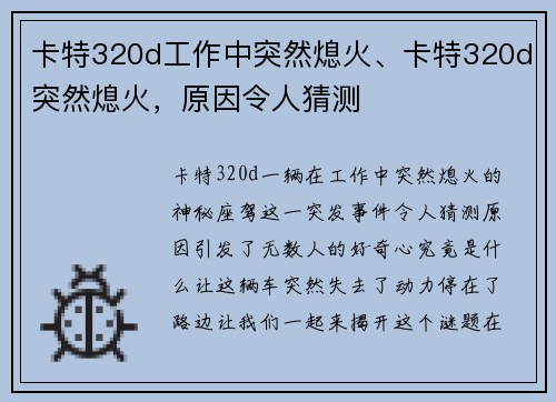 卡特320d工作中突然熄火、卡特320d突然熄火，原因令人猜测